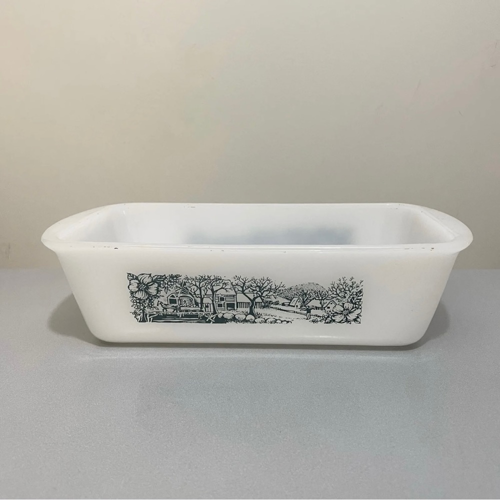Vintage Glasbake Cabin In The Woods Milk Glass Loaf Pan 1.5 Qt J522